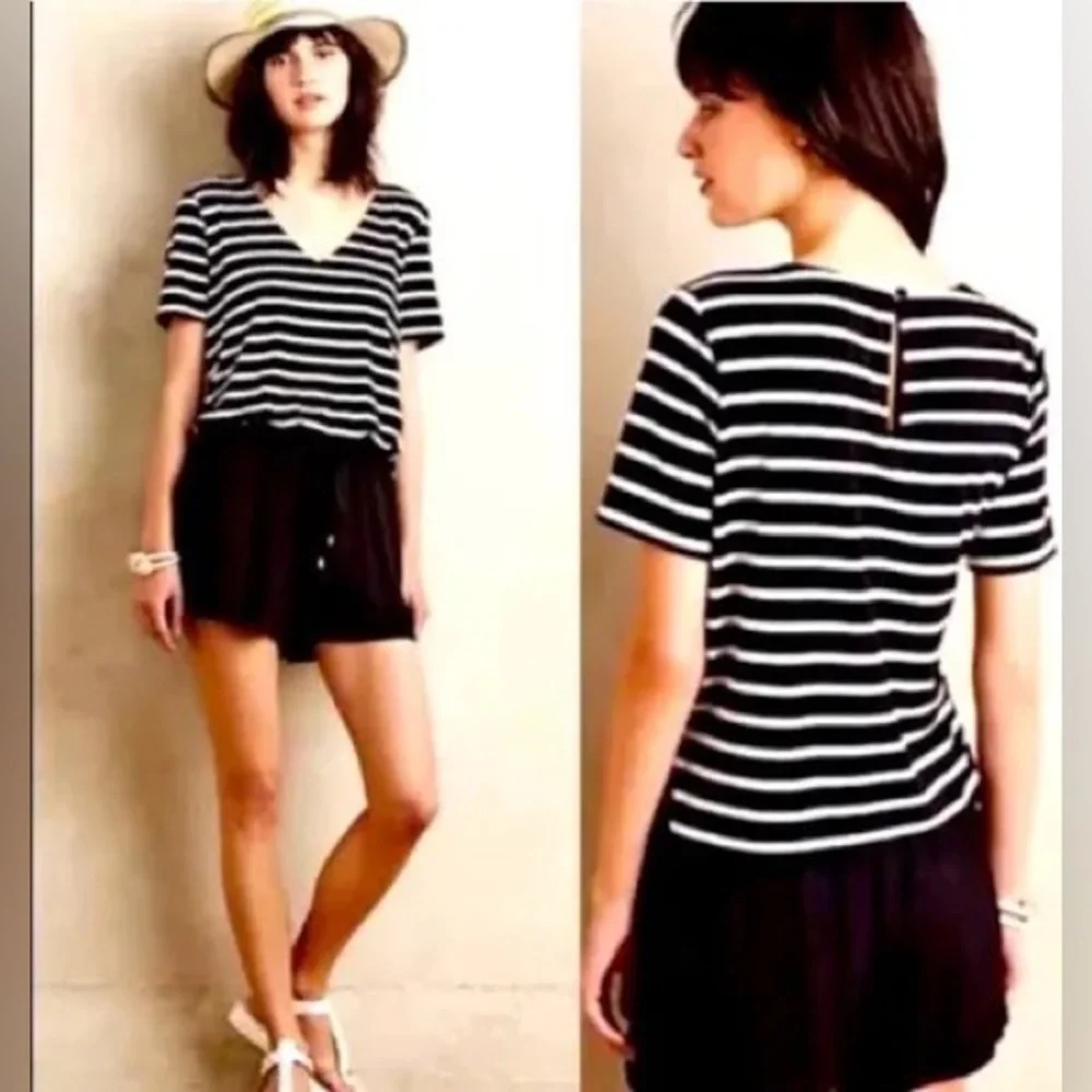 Elevenses Anthropologie Black White Stripe Short Romper